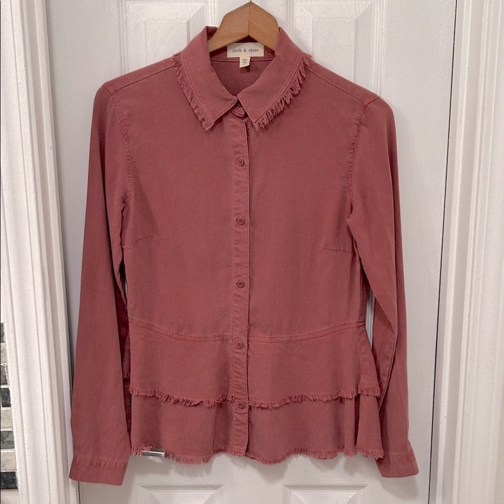 Cloth & Stone Women’s Fringed Ruffle Hem Terracotta Button-Down Shirt Size XS - Picture 6 of 6